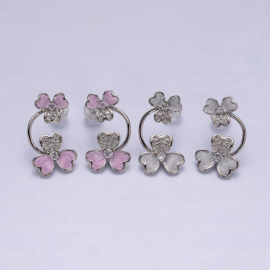 White Gold Filled Double Flower White, Purple Sparkly Enamel Micro Paved Stud Earrings | AE597 AE598