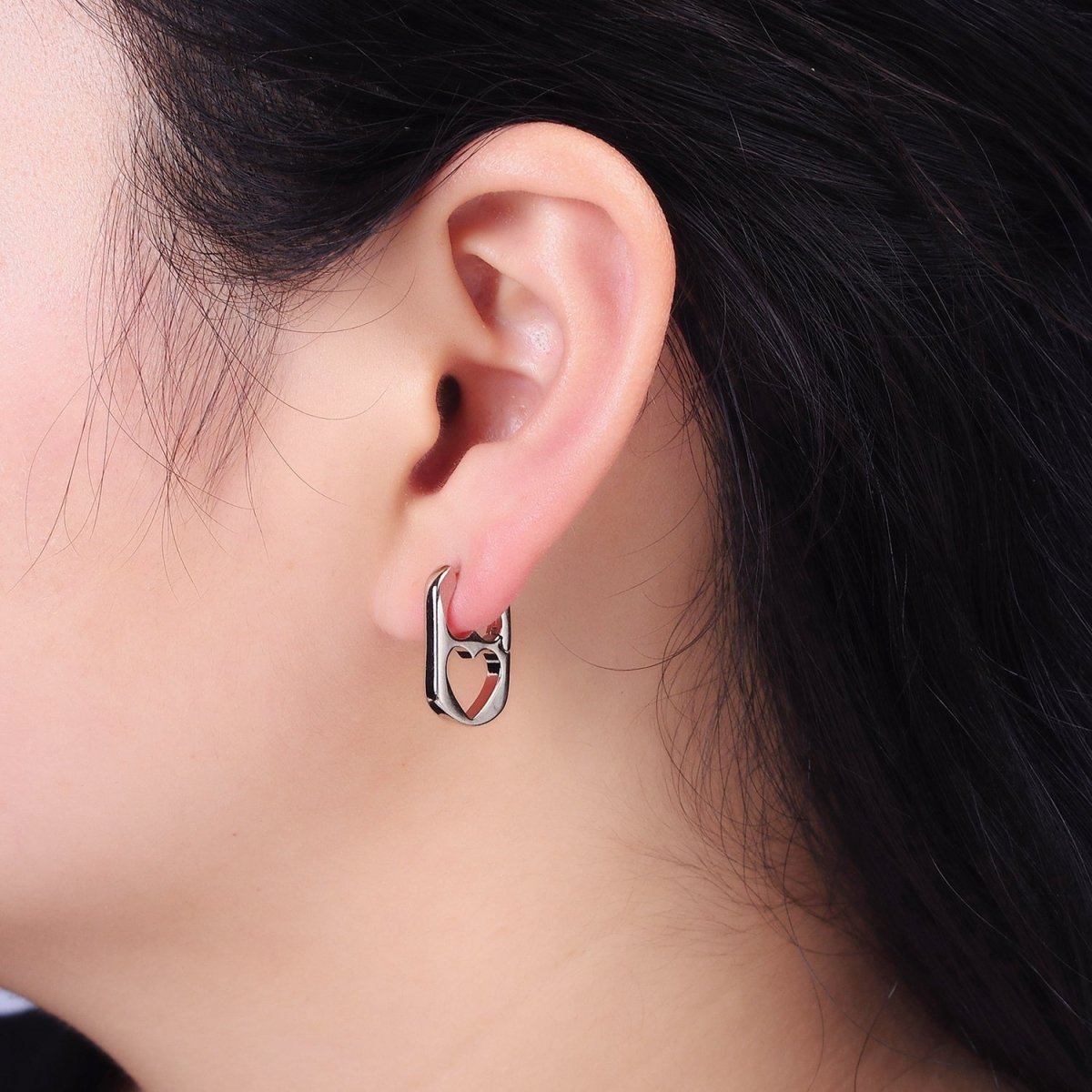 White Gold Filled Double Open Heart Rectangular Hoop Earrings | AE814