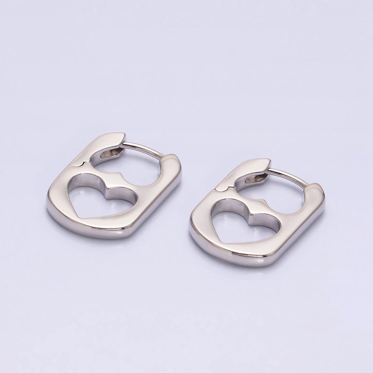 White Gold Filled Double Open Heart Rectangular Hoop Earrings | AE814