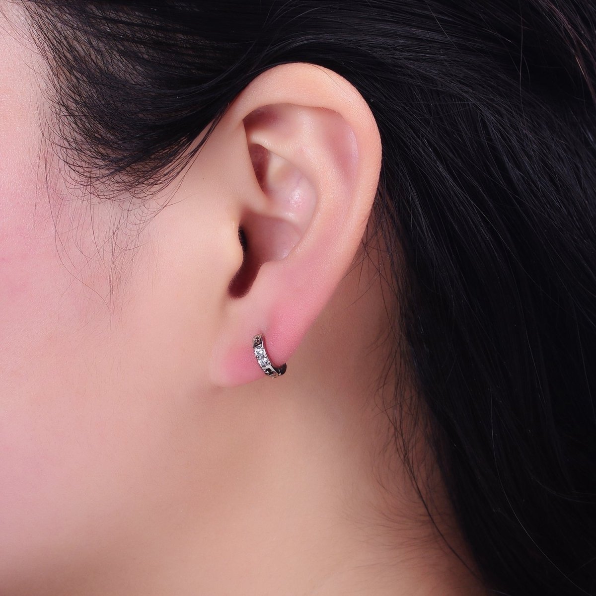 White Gold Filled Double Two Clear CZ Lined 10mm Cartilage Huggie Earrings | AD1450