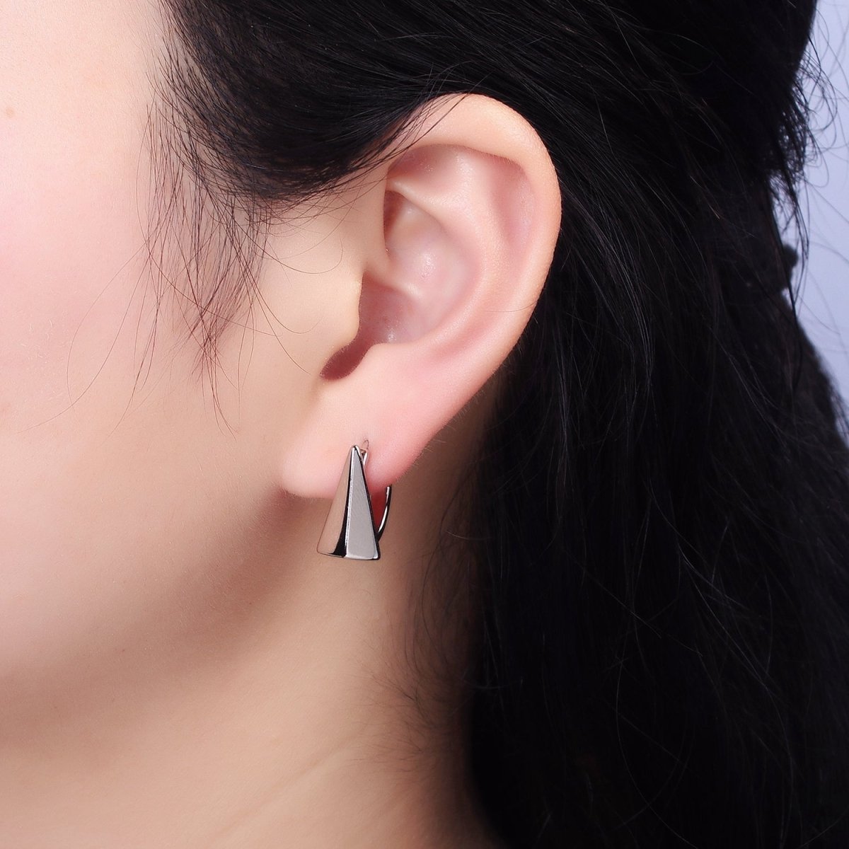 White Gold Filled Edged Triangle 17mm Huggie Hoop Silver Earrings | AE809