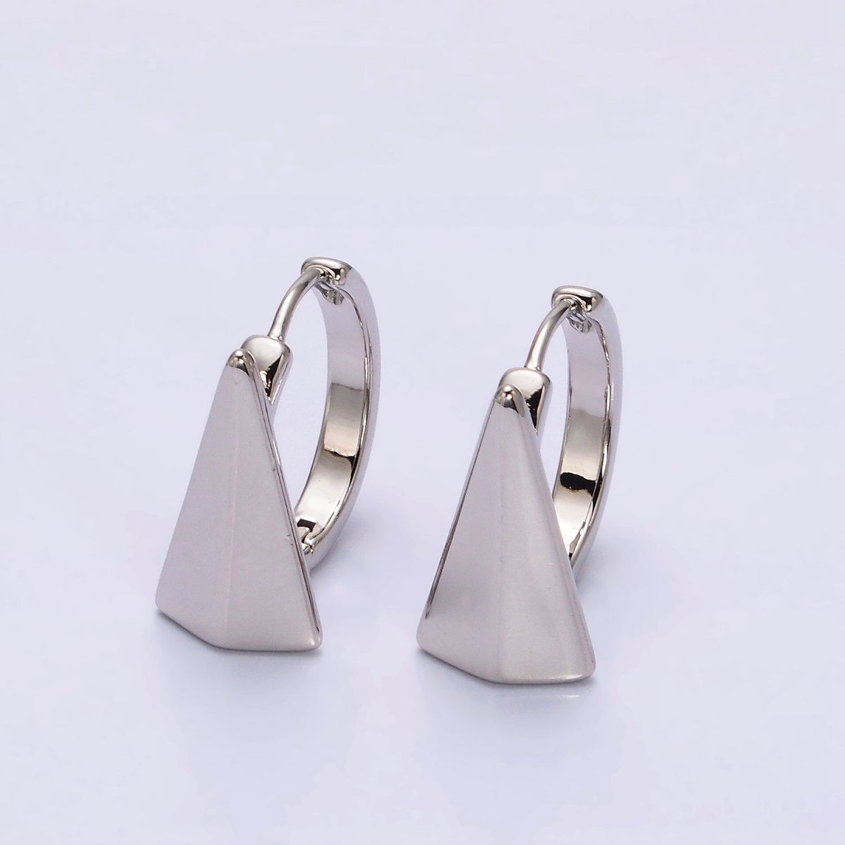 White Gold Filled Edged Triangle 17mm Huggie Hoop Silver Earrings | AE809