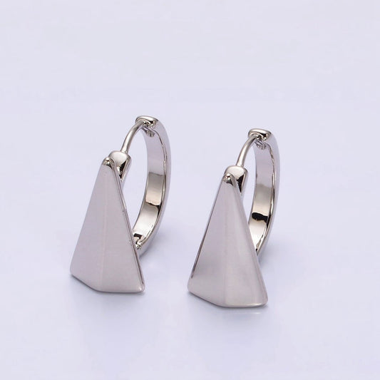 White Gold Filled Edged Triangle 17mm Huggie Hoop Silver Earrings | AE809