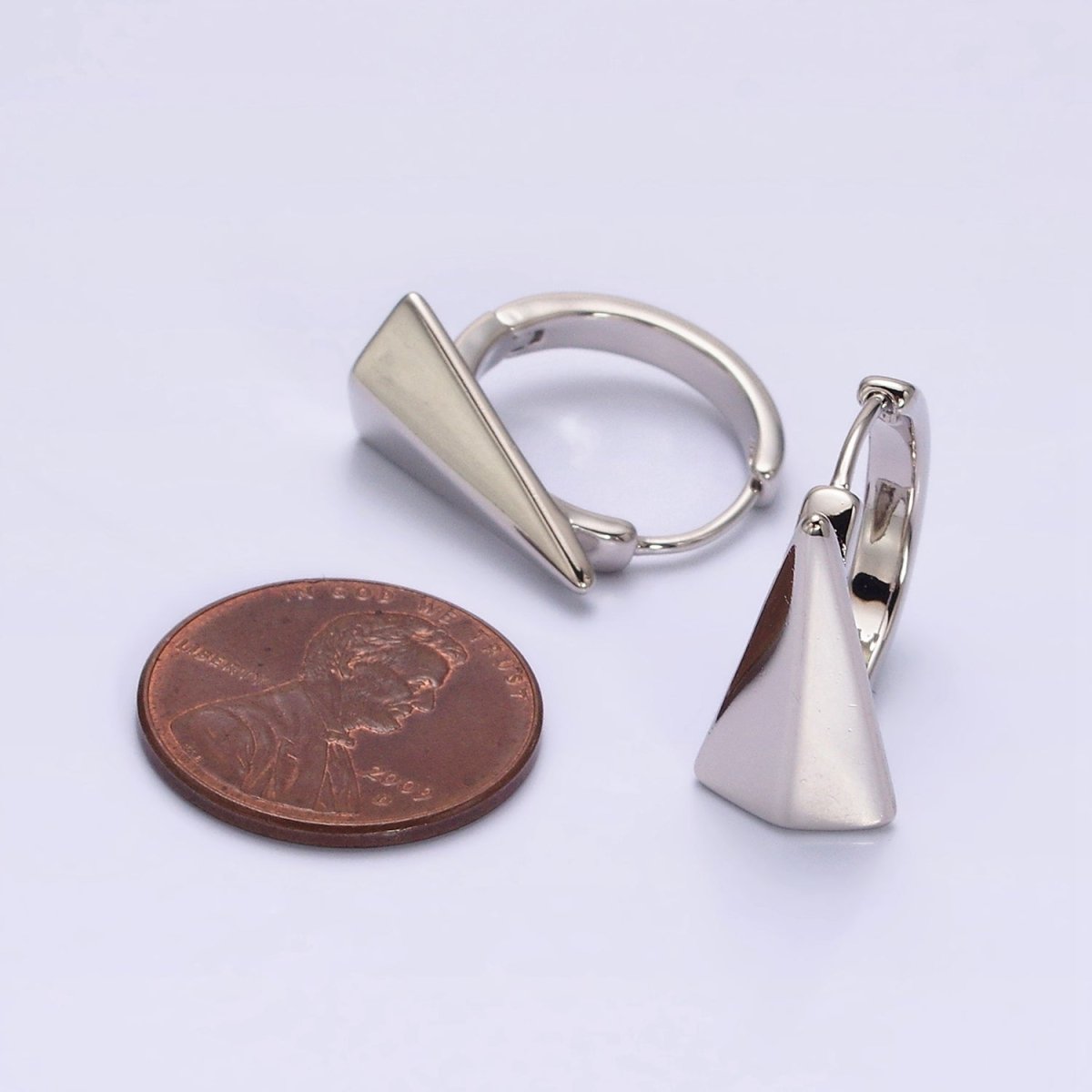 White Gold Filled Edged Triangle 17mm Huggie Hoop Silver Earrings | AE809