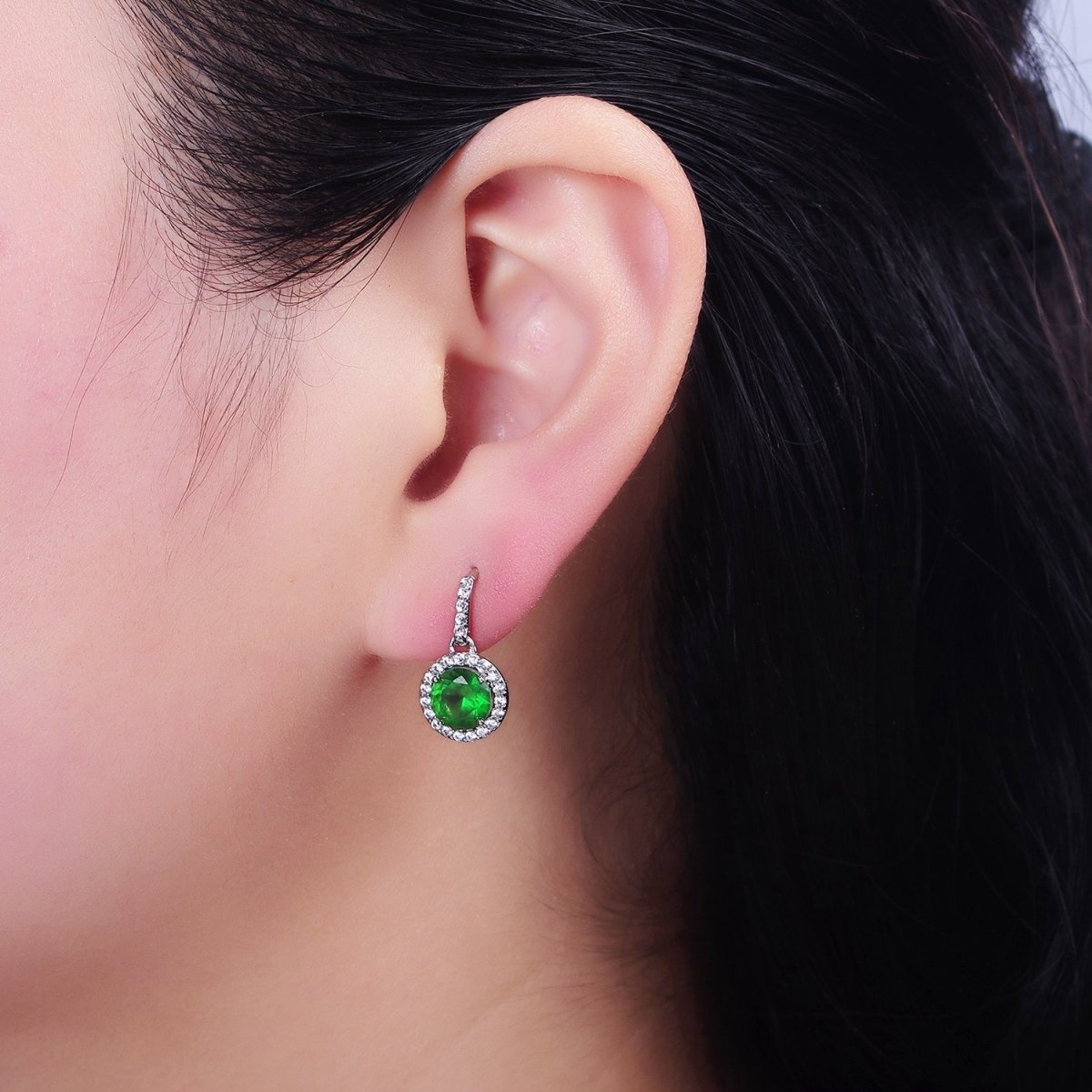 White Gold Filled Green CZ Round Micro Paved CZ French Hook Earrings | AD1451