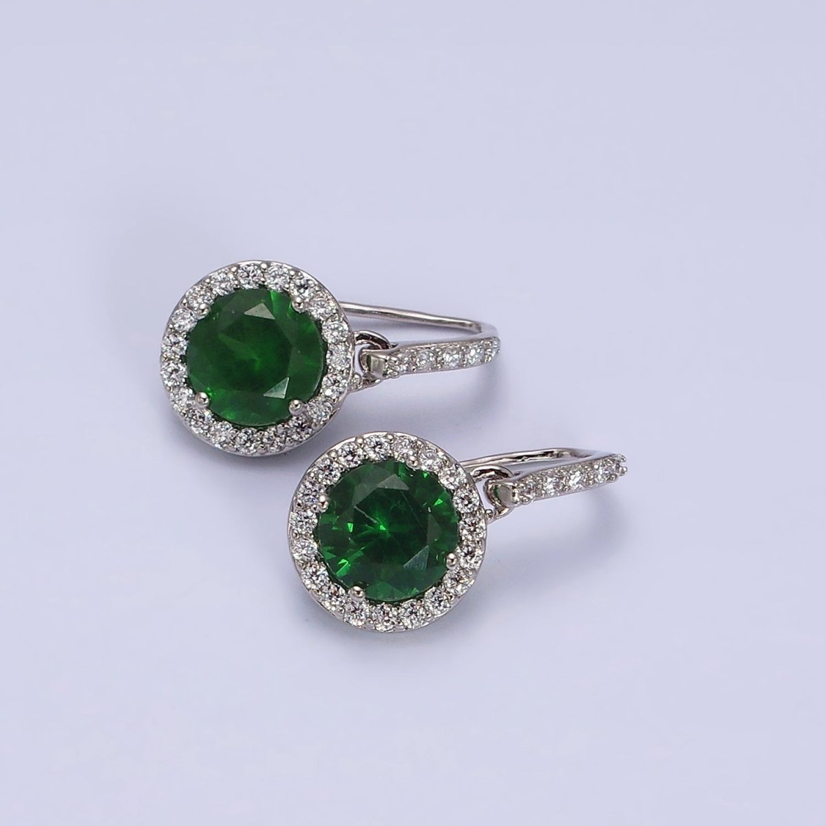 White Gold Filled Green CZ Round Micro Paved CZ French Hook Earrings | AD1451