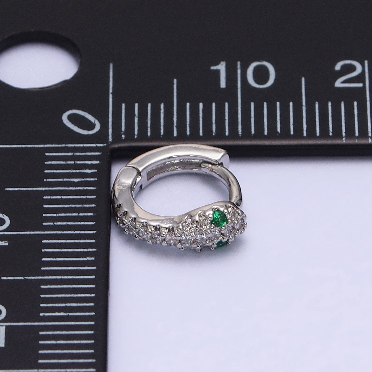White Gold-Filled Green-Eyed Micro Paved 10mm Cartilage Huggie Earrings | AB1547