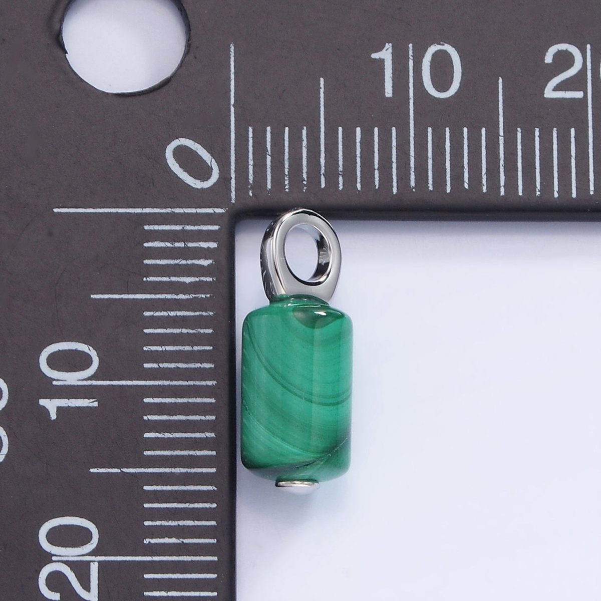 White Gold Filled Green Malachite Gemstone Cylinder Charm | W522
