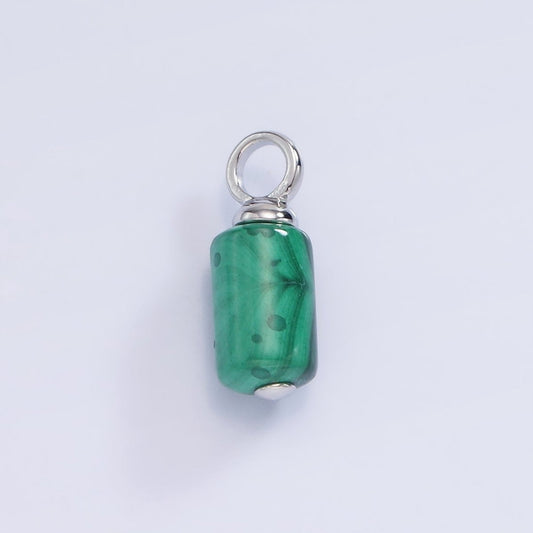 White Gold Filled Green Malachite Gemstone Cylinder Charm | W522