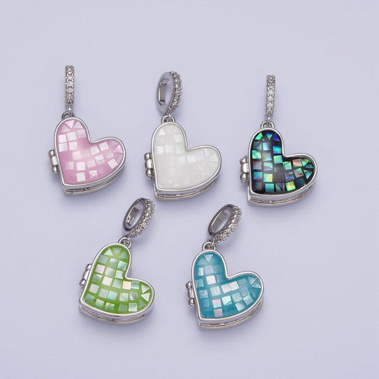 White Gold Filled Heart Black, Blue, Pink, White, Green Shell Opal Heart Locket Pendant H-086 H-090 H-091 H-097 H-103
