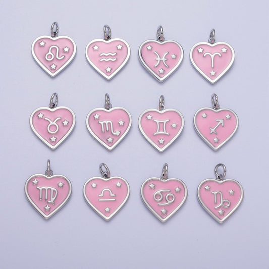 White Gold Filled Heart Pink Enamel Zodiac Constellation Astrology Birth Star Sign Silver Charm | A-A1737-A-A1742