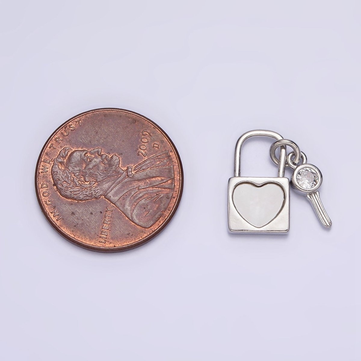 White Gold Filled Heart Shell Pearl CZ Key Padlock Pendant | N1007