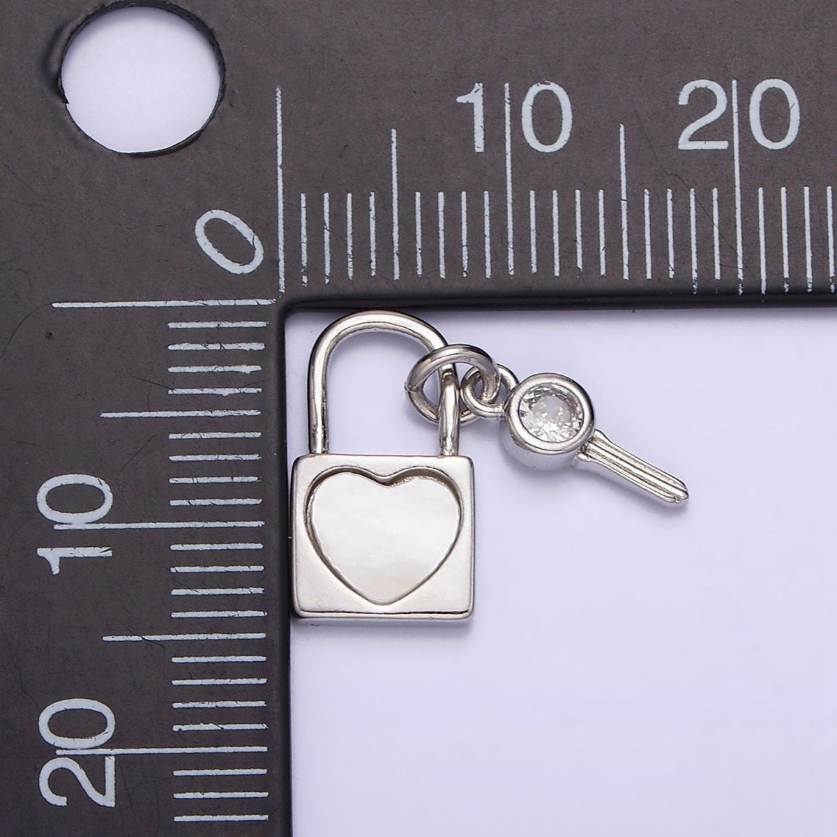 White Gold Filled Heart Shell Pearl CZ Key Padlock Pendant | N1007