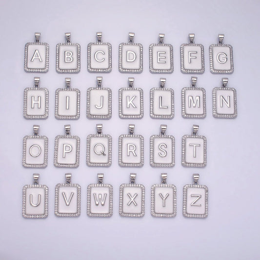 White Gold Filled Initial Letter A-Z White Enamel Micro Paved CZ Personalized Tag Pendant | A-559-A-571