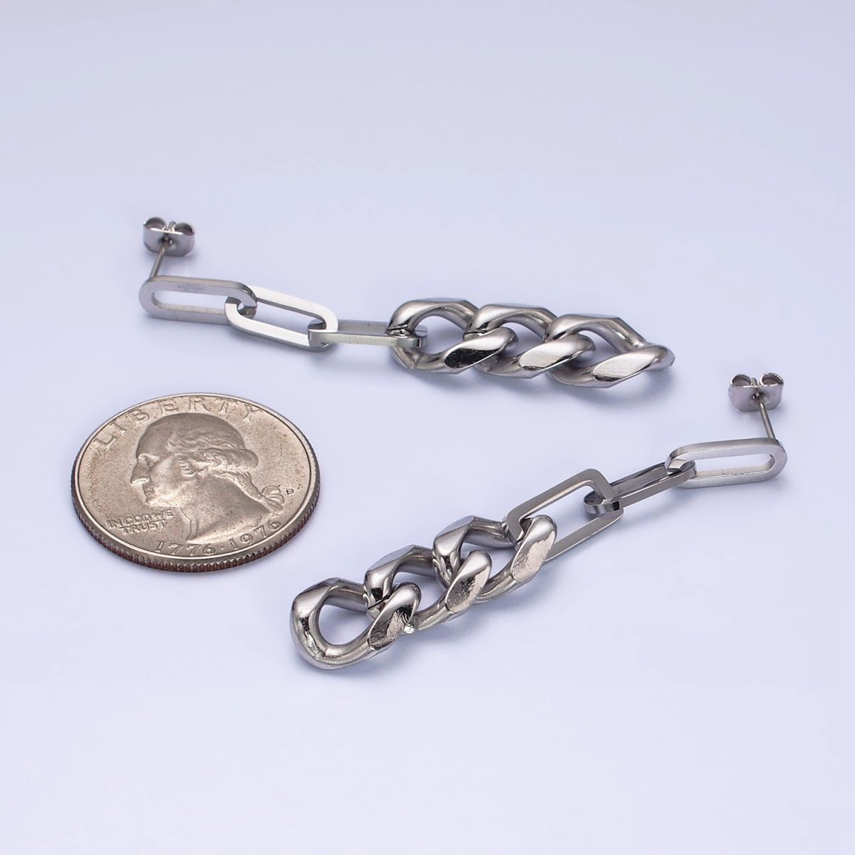 White Gold Filled Linear Paperclip Curb Chain Link Stud Earrings | AD1424