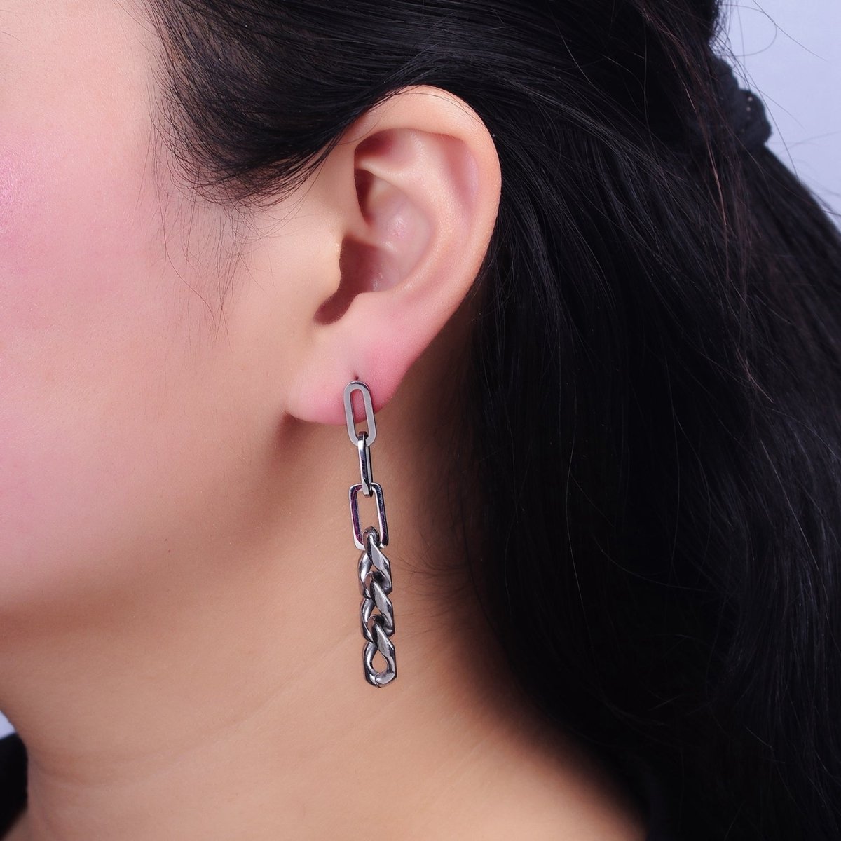 White Gold Filled Linear Paperclip Curb Chain Link Stud Earrings | AD1424