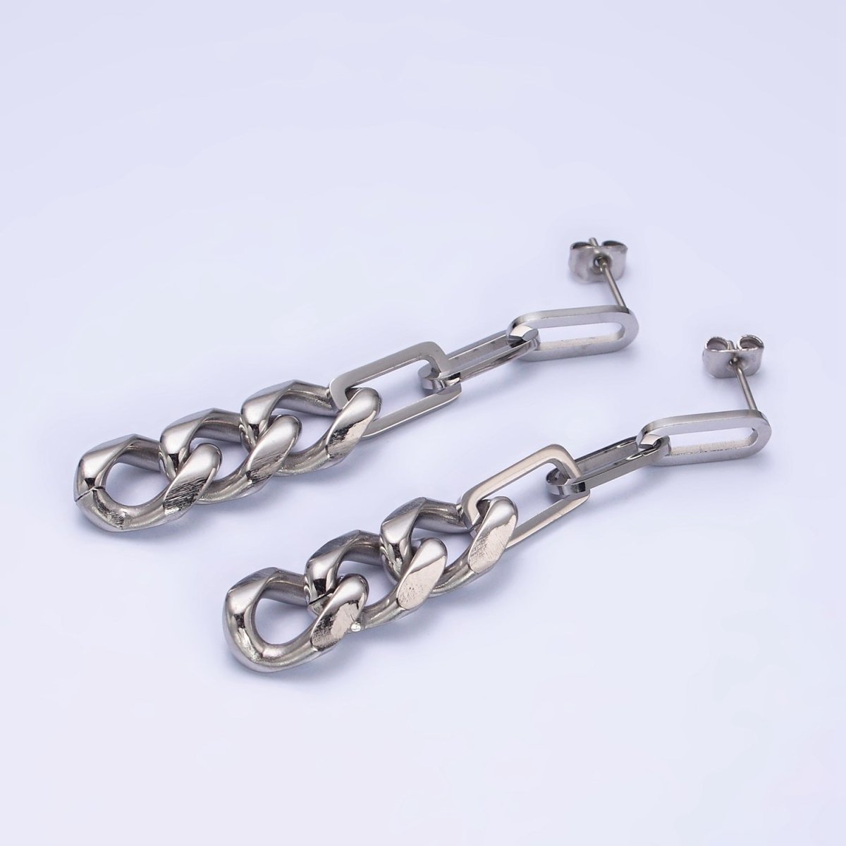 White Gold Filled Linear Paperclip Curb Chain Link Stud Earrings | AD1424