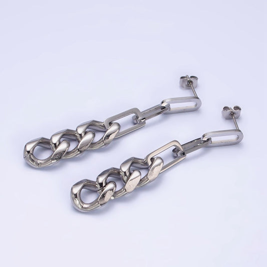 White Gold Filled Linear Paperclip Curb Chain Link Stud Earrings | AD1424