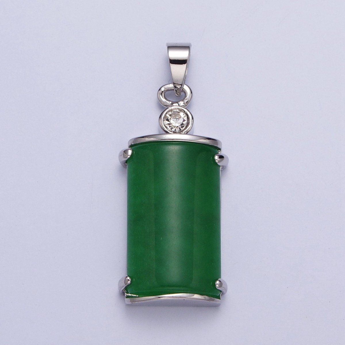 White Gold Filled Malaysian Green Jade Minimalist CZ Half Cylinder Pendant | AA101