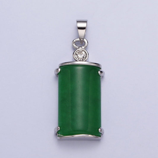 White Gold Filled Malaysian Green Jade Minimalist CZ Half Cylinder Pendant | AA101