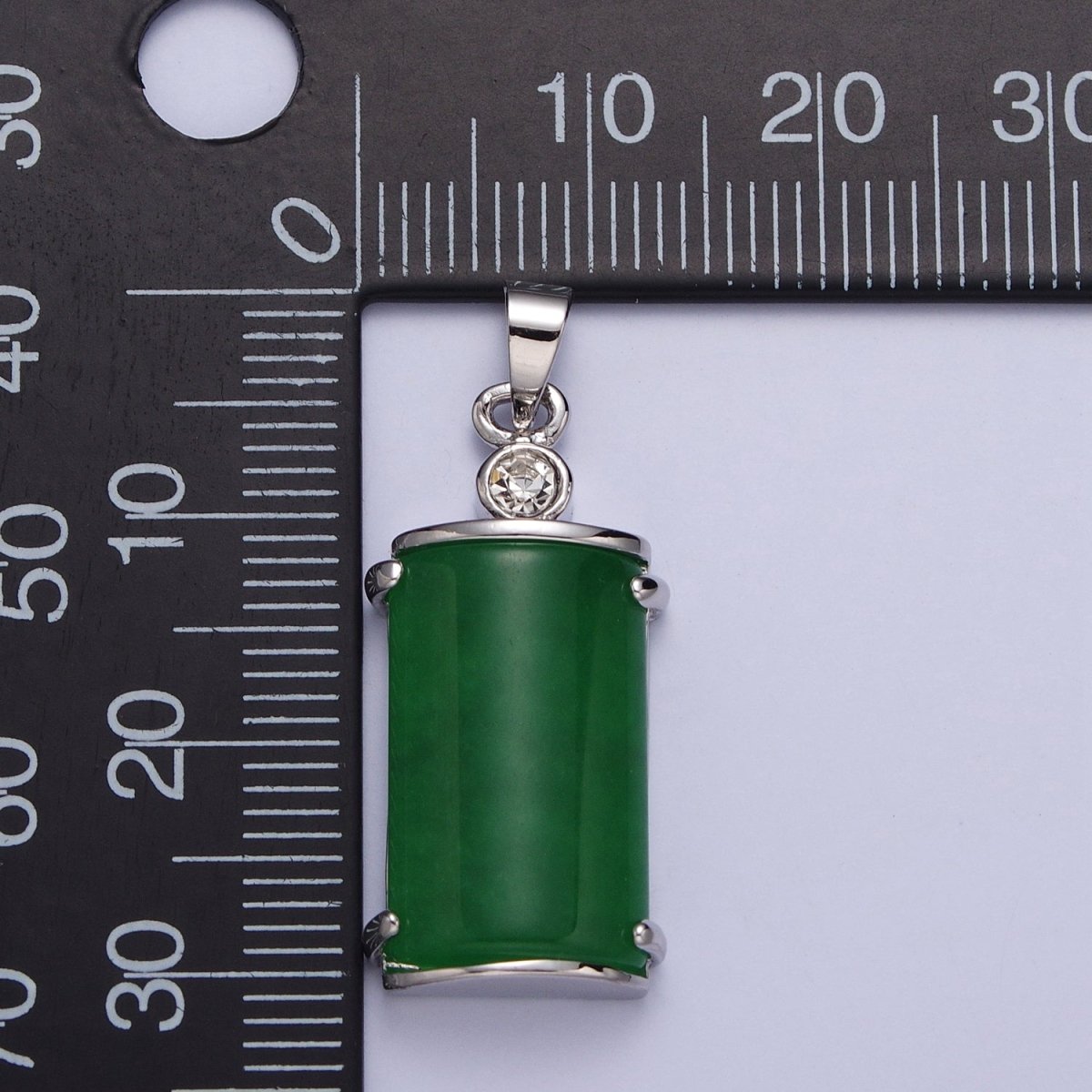 White Gold Filled Malaysian Green Jade Minimalist CZ Half Cylinder Pendant | AA101