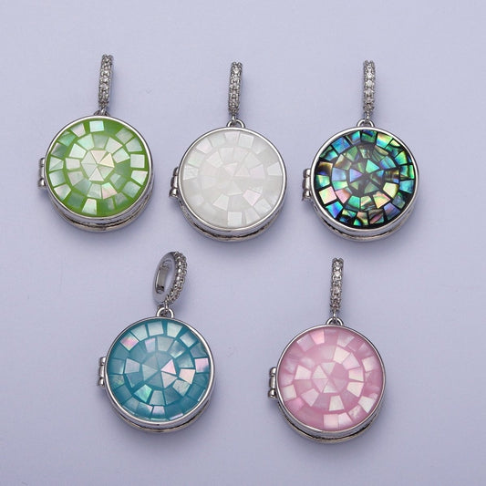 White Gold Filled Marian Cross Black, Green, Pink, White, Green Shell Opal Round Locket Pendant  H-044 H-052 H-060 H-066 H-073