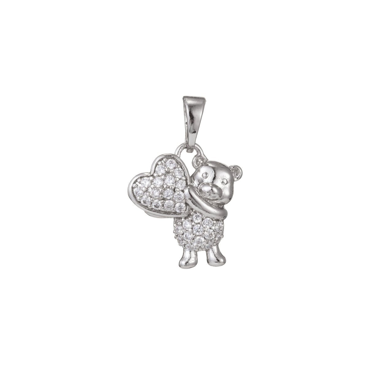 White Gold Filled Micro Pave CZ Bear Love You Pendant Charm, Bear Pendant Charm, White Gold Bear Pendant, For DIY Jewelry I-490