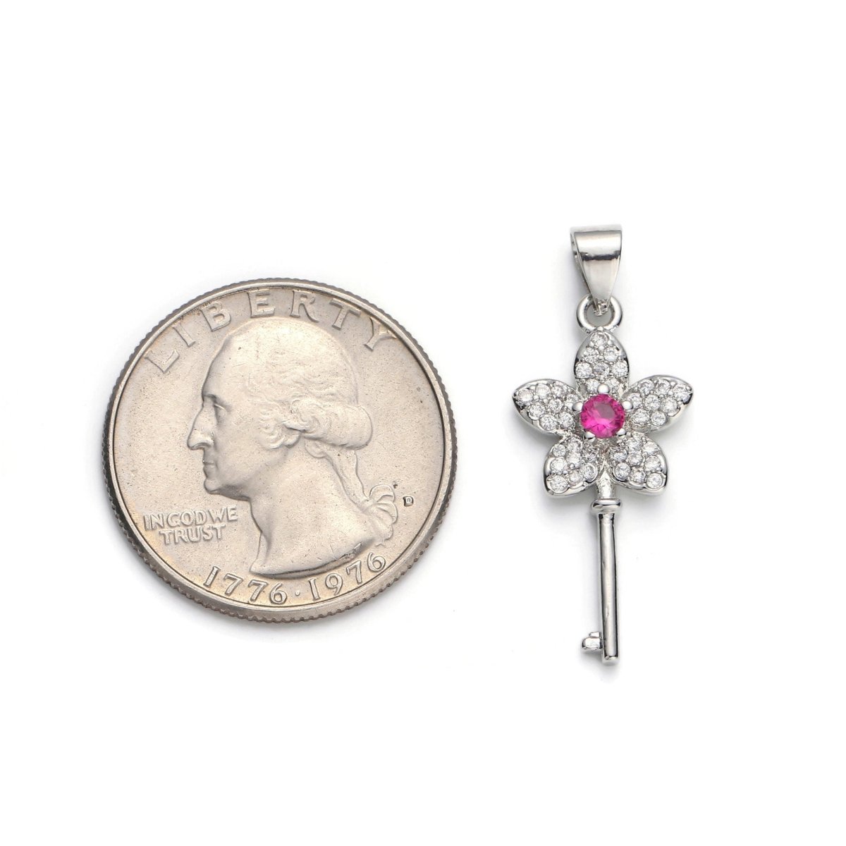 White Gold Filled Micro Pave CZ Flower Key Pendant Charm, Micro Pave CZ Key Pendant Charm, White Gold Key Pendant, For DIY Jewelry I-607