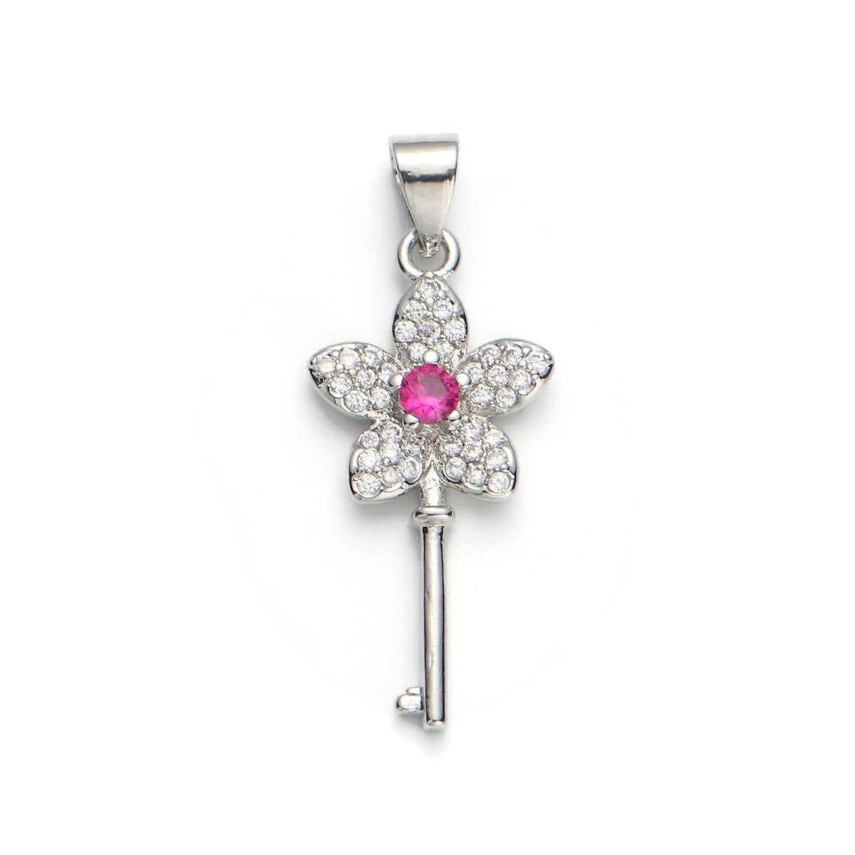 White Gold Filled Micro Pave CZ Flower Key Pendant Charm, Micro Pave CZ Key Pendant Charm, White Gold Key Pendant, For DIY Jewelry I-607