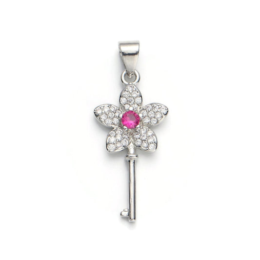 White Gold Filled Micro Pave CZ Flower Key Pendant Charm, Micro Pave CZ Key Pendant Charm, White Gold Key Pendant, For DIY Jewelry I-607