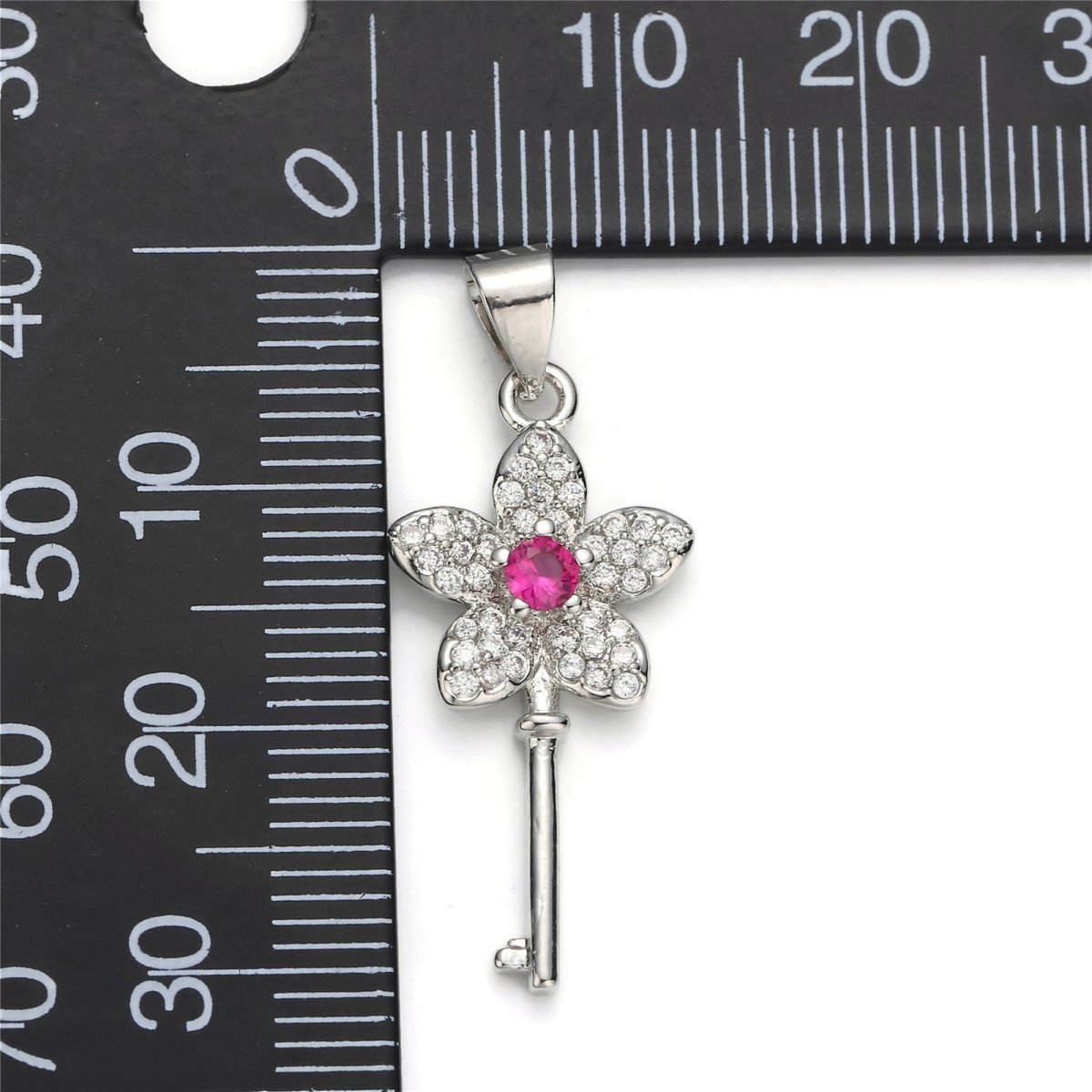 White Gold Filled Micro Pave CZ Flower Key Pendant Charm, Micro Pave CZ Key Pendant Charm, White Gold Key Pendant, For DIY Jewelry I-607