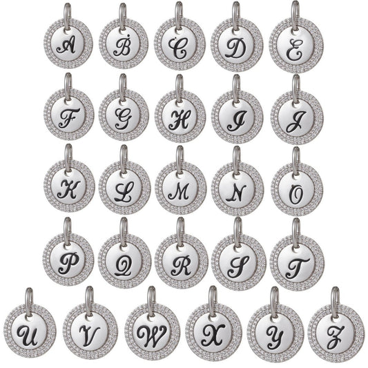 White Gold Filled Micro Pave CZ Initial Letters Pendant Charm, White Gold Filled Letter Pendant, For DIY Jewelry Necklace Making