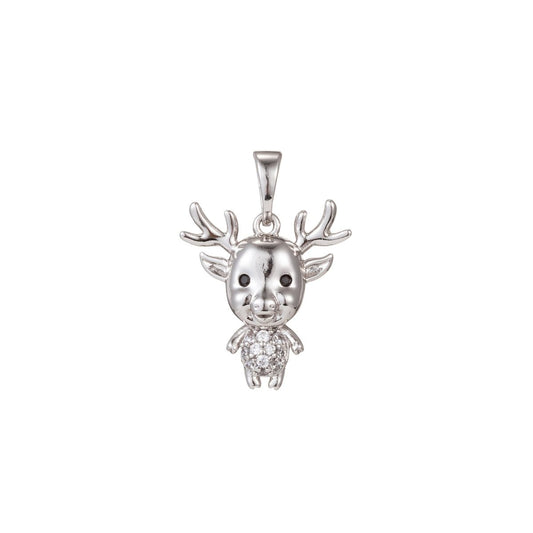 White Gold Filled Micro Pave CZ ReinDeer Pendant Charm, Deer Pendant Charm, White Gold Animal Pendant, For DIY Jewelry I-515