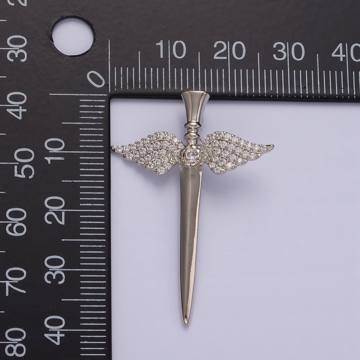 White Gold Filled Micro Paved CZ Angel Wings Sword Weapon Back Loop Pendant | N1872