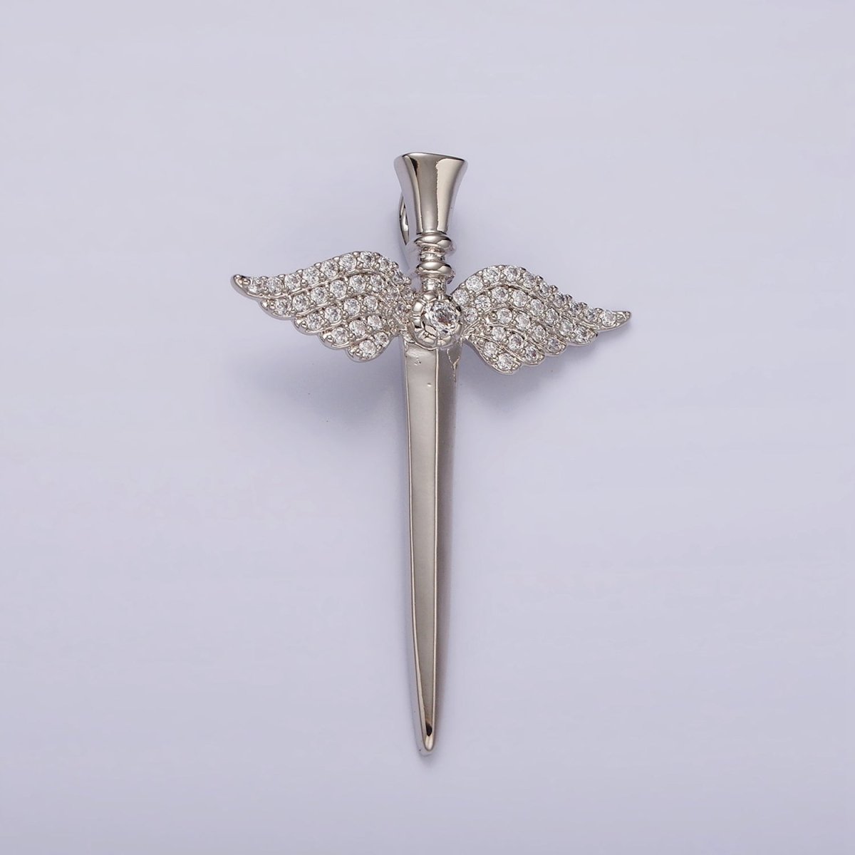 White Gold Filled Micro Paved CZ Angel Wings Sword Weapon Back Loop Pendant | N1872
