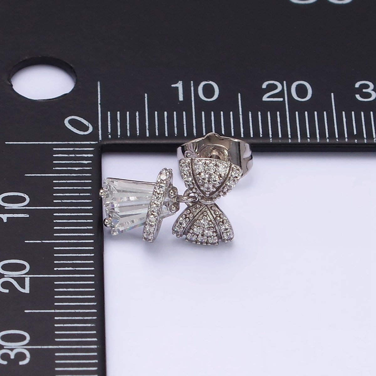 White Gold Filled Micro Paved CZ Ribbon Clear Baguette Bell Stud Earrings | AD1454