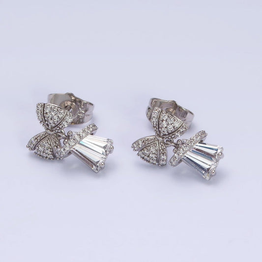 White Gold Filled Micro Paved CZ Ribbon Clear Baguette Bell Stud Earrings | AD1454