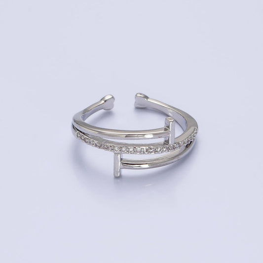 White Gold Filled Micro Paved Geometric Double T-Nail Heart End Adjustable Silver Ring | O-002