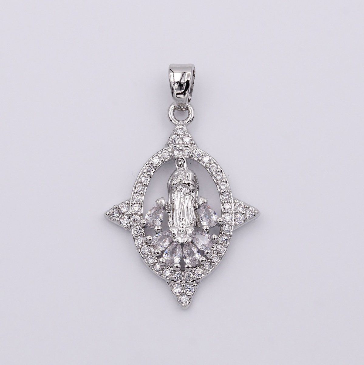 White Gold Filled Mother Virgin Mary Open Clear Teardrop Micro Paved CZ Spiked Oval Pendant | AA434