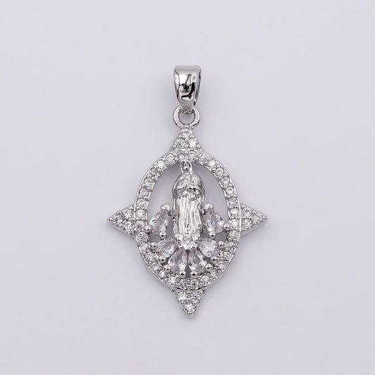 White Gold Filled Mother Virgin Mary Open Clear Teardrop Micro Paved CZ Spiked Oval Pendant | AA434