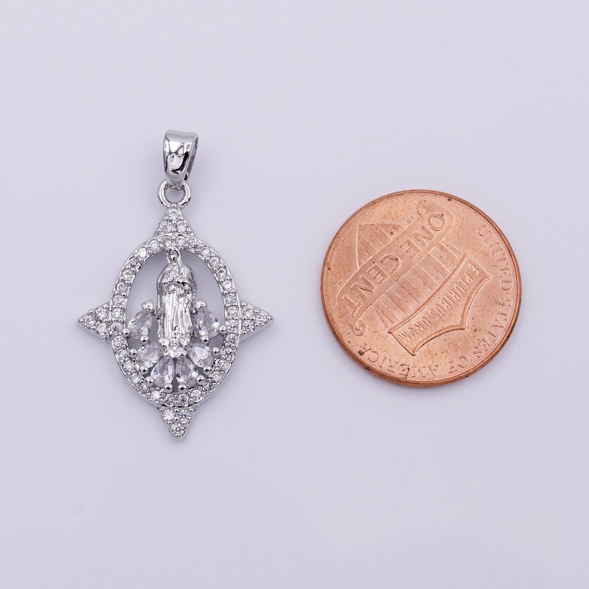 White Gold Filled Mother Virgin Mary Open Clear Teardrop Micro Paved CZ Spiked Oval Pendant | AA434