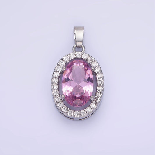 White Gold Filled Pink CZ Oval Micro Paved Pendant | AA1168