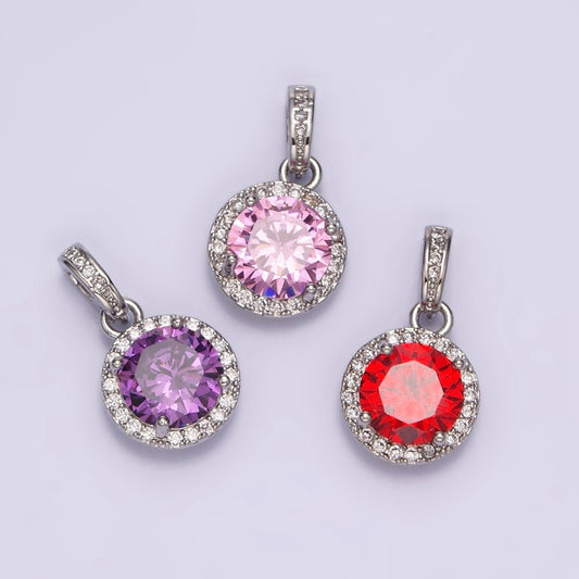 White Gold Filled Pink, Purple, Red Round Micro Paved CZ Bail Pendant | N1813 - N1815