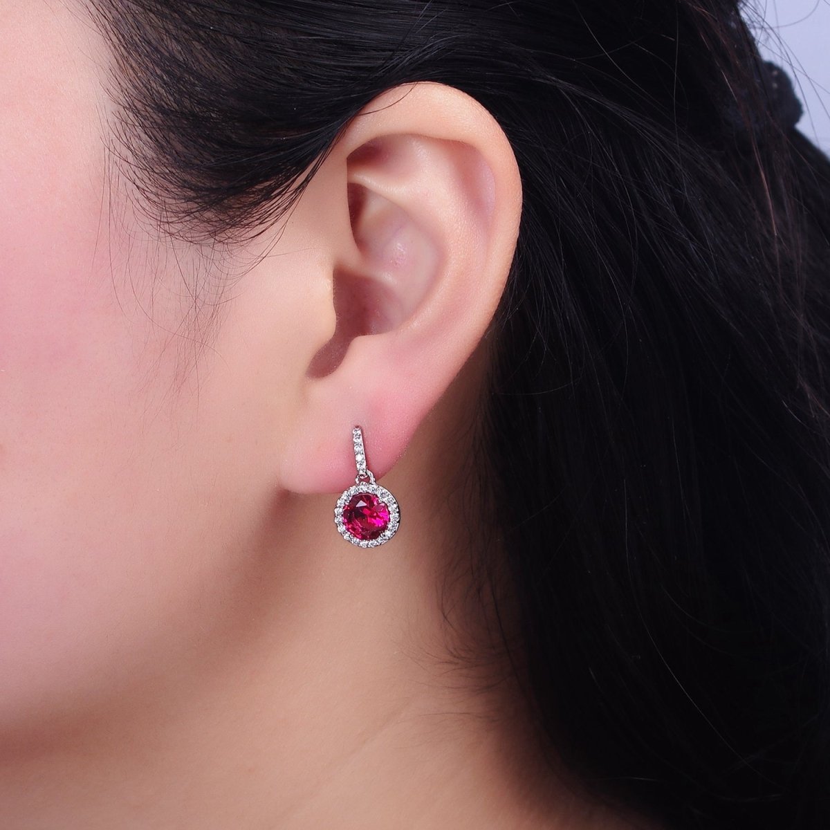 White Gold Filled Red CZ Round Micro Paved CZ French Hook Earrings | AD1524