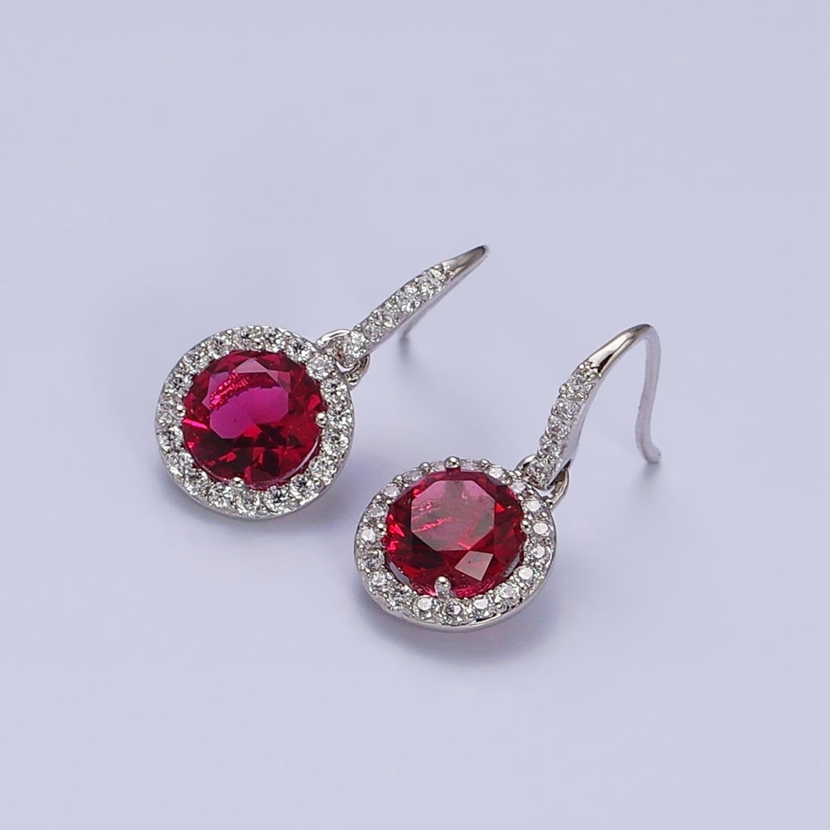 White Gold Filled Red CZ Round Micro Paved CZ French Hook Earrings | AD1524