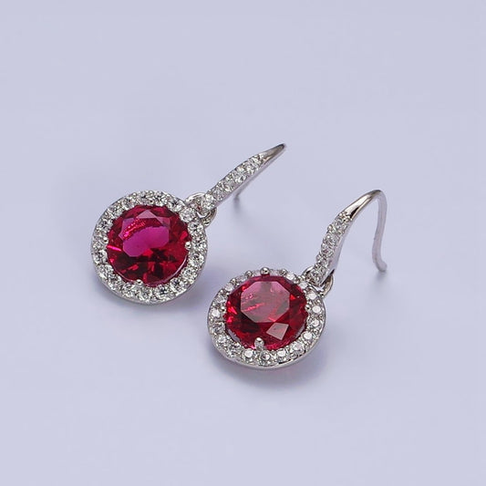 White Gold Filled Red CZ Round Micro Paved CZ French Hook Earrings | AD1524