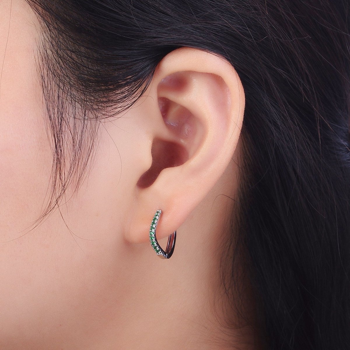 White Gold Filled Rhombus Huggie Green Micro Paved CZ Lined Hoop Earrings P-498