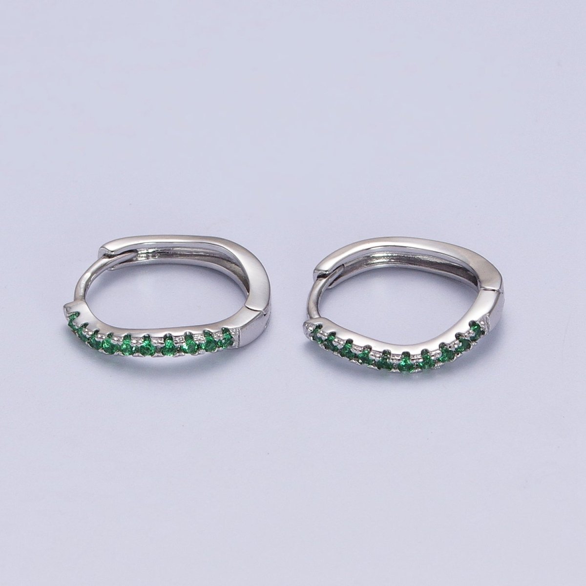 White Gold Filled Rhombus Huggie Green Micro Paved CZ Lined Hoop Earrings P-498