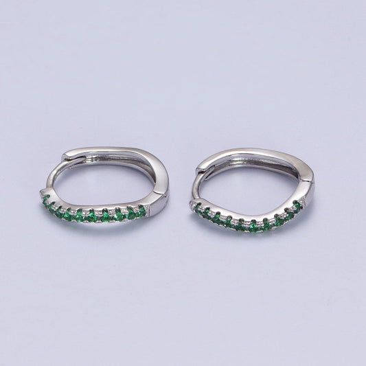 White Gold Filled Rhombus Huggie Green Micro Paved CZ Lined Hoop Earrings P-498
