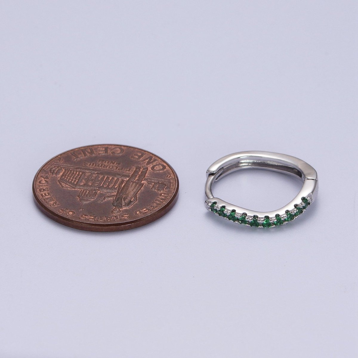 White Gold Filled Rhombus Huggie Green Micro Paved CZ Lined Hoop Earrings P-498